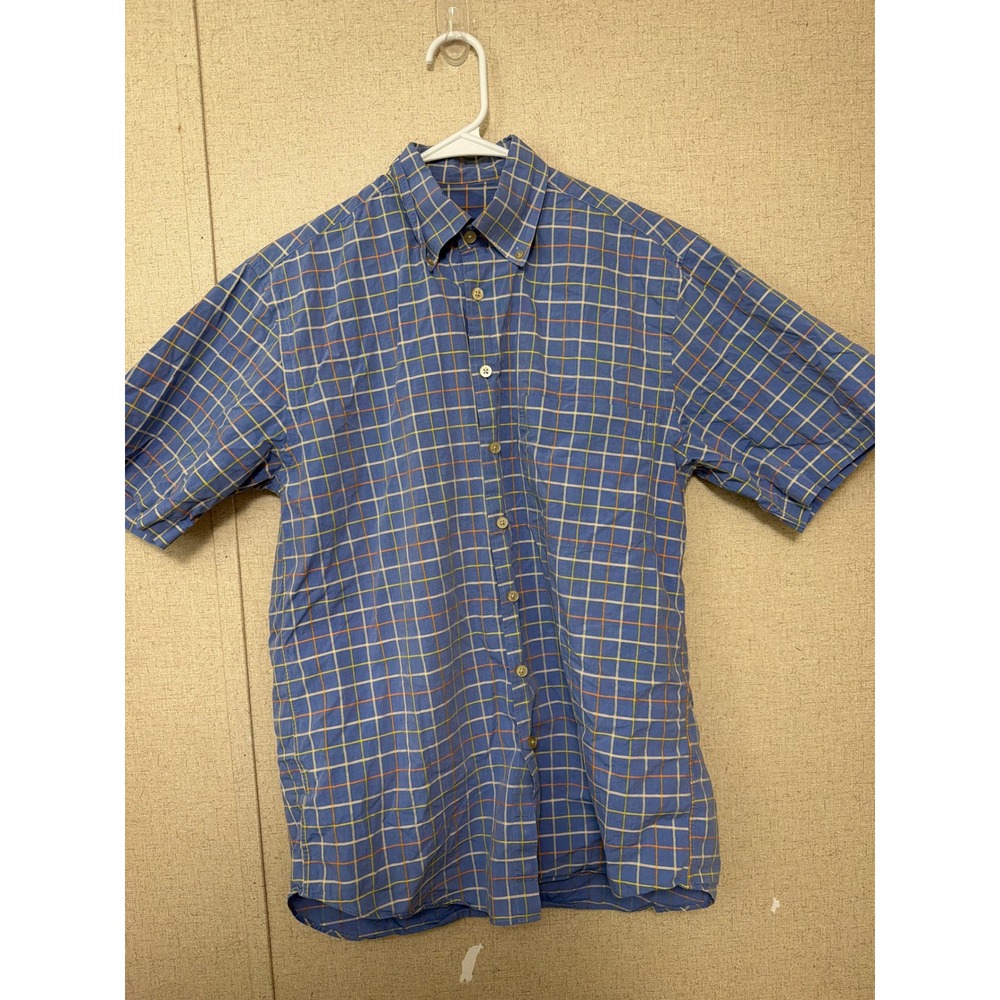 Scott Barber Mens Blue Windowpane Check Short Sleeve Button Down Shirt Size M
